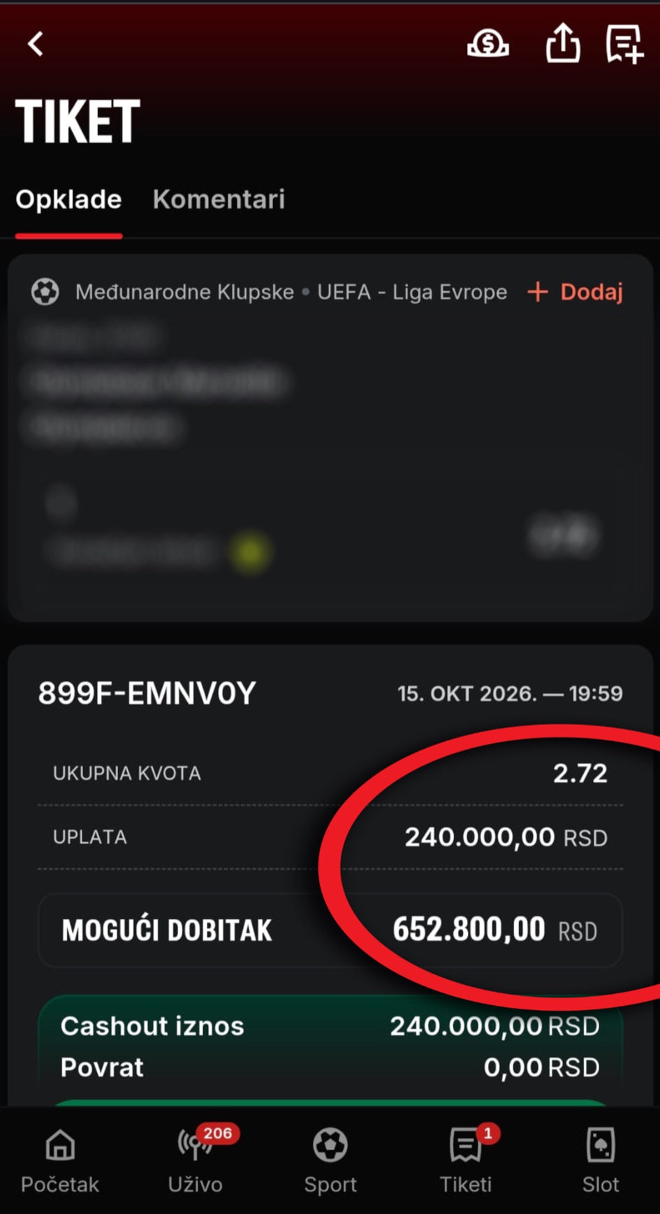 Tiket: uplata 240.000 din, kvota 2.72, mogući dobitak 652.800 din