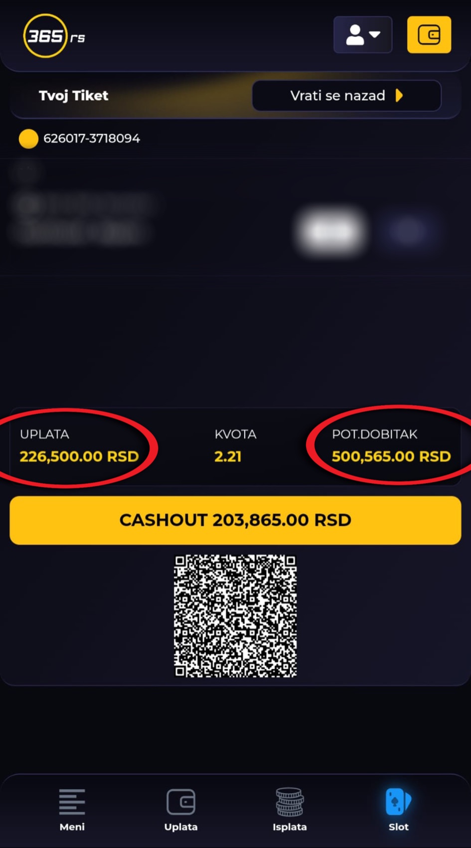 Tiket: uplata 226.500 din, kvota 2.21, potencijalni dobitak 500.565 din
